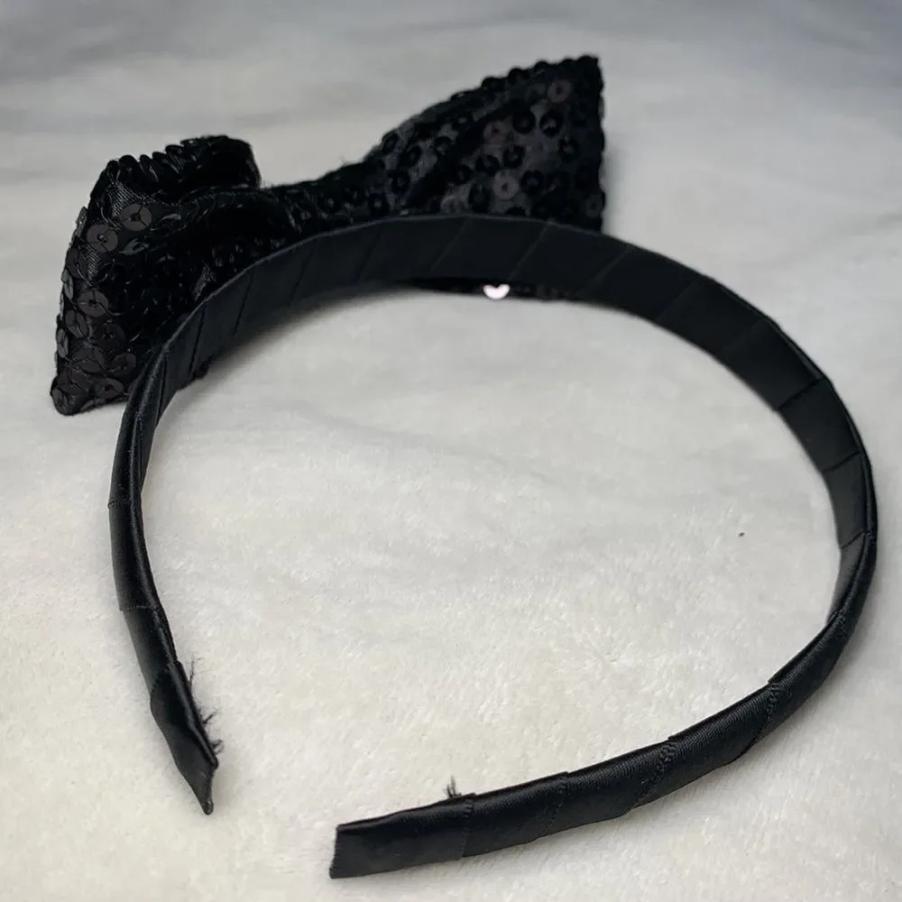 Girls Black Sequin and Ribbon Bow Tie Headband